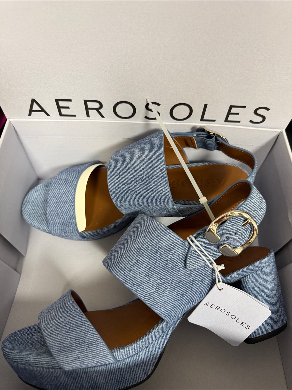 AEROSOLES Light Blue Denim Platform Sandals with Gold Buckle